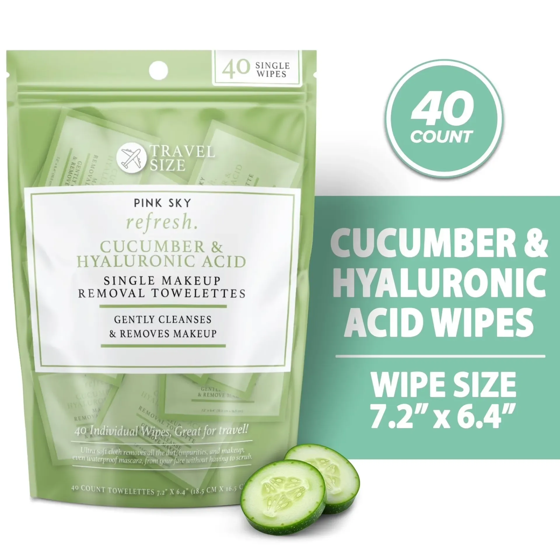 Pink Sky Refresh Cucumber & Hyaluronic Acid - Single Makeup Remover Towelettes 40 Wipes